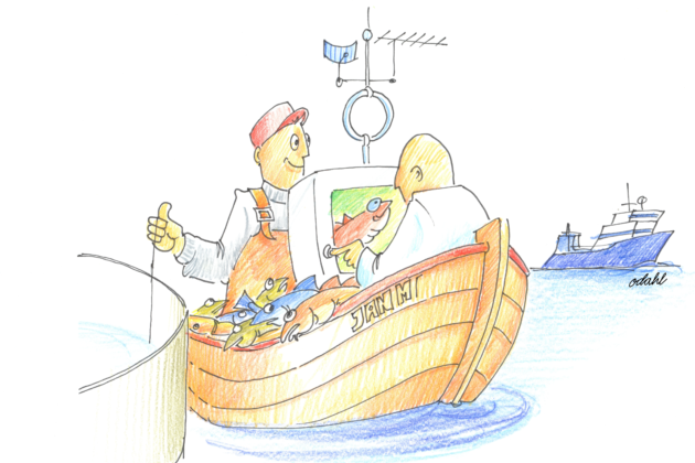 Illustration of scientists exploring wild fish near an aquaculture farm